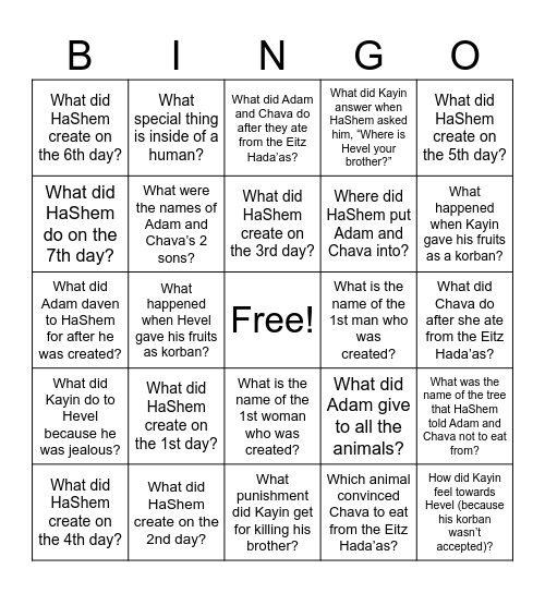 Parshas Bereishis Review - Questions Bingo Card
