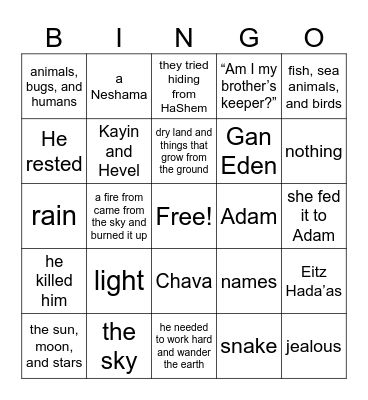 Parshas Bereishis Review - Answers Bingo Card