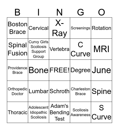 Scoliosis Bingo Card