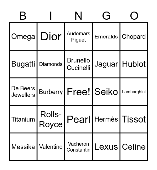 The Jewellery Conversation Bingo Card