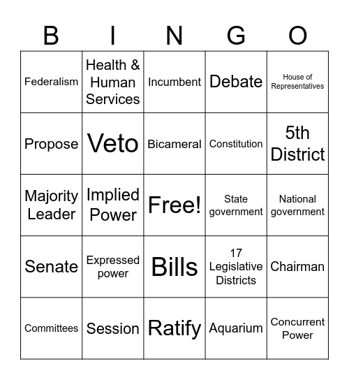 Legislative Branch Bingo Card