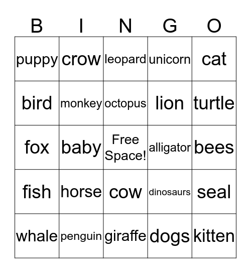 G2 Animal Bingo Card