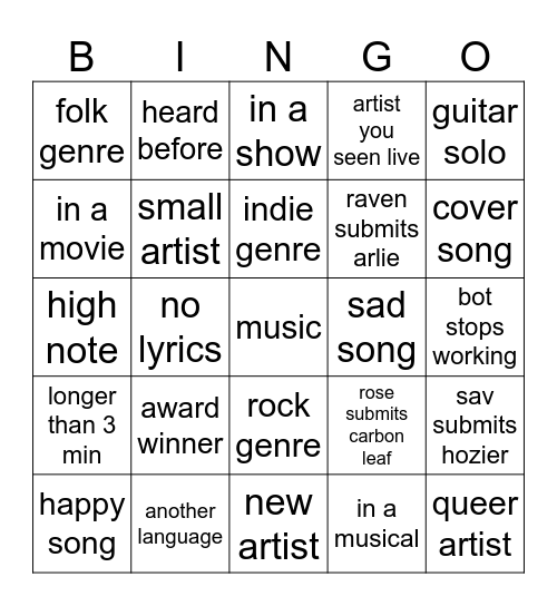Music Club Bingo Card