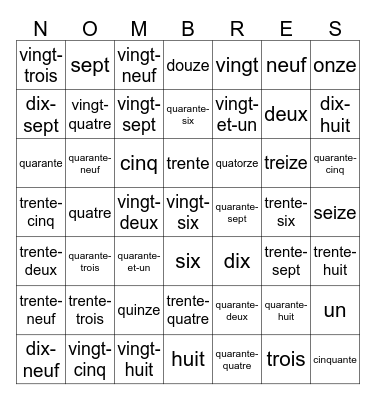 French Numbers 1-50 Bingo Card