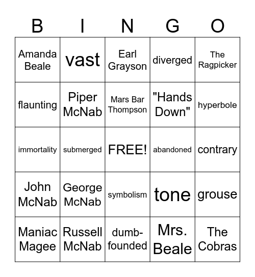 Maniac Magee Characters Bingo Card