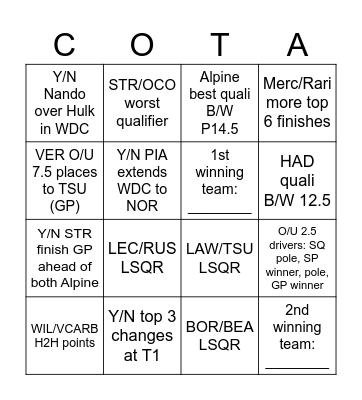 USGP Bingo Card