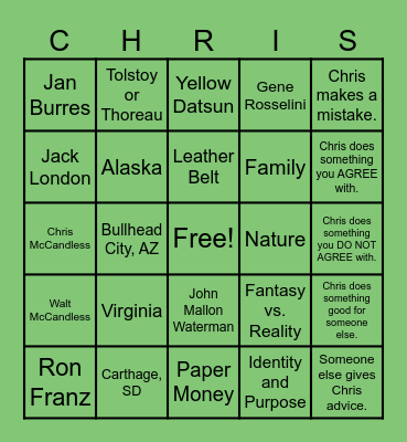 Into the Wild BINGO (CHRIS) Bingo Card