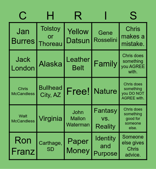 Into the Wild BINGO (CHRIS) Bingo Card