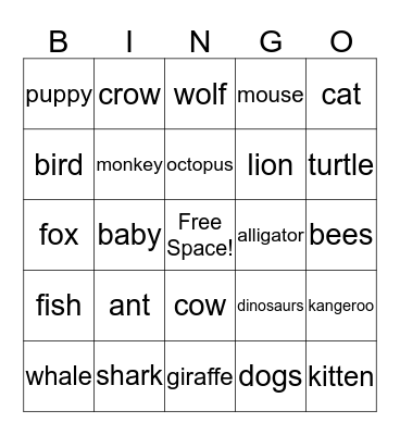 G2 Animal Bingo Card
