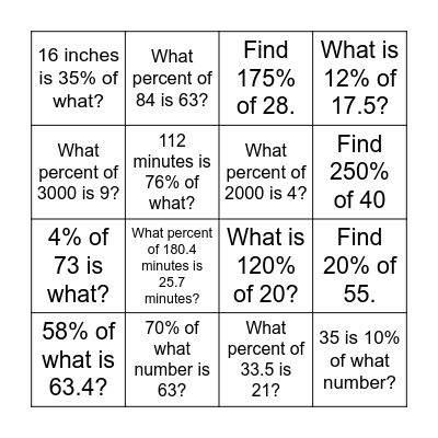 Percent Equation Bingo Card