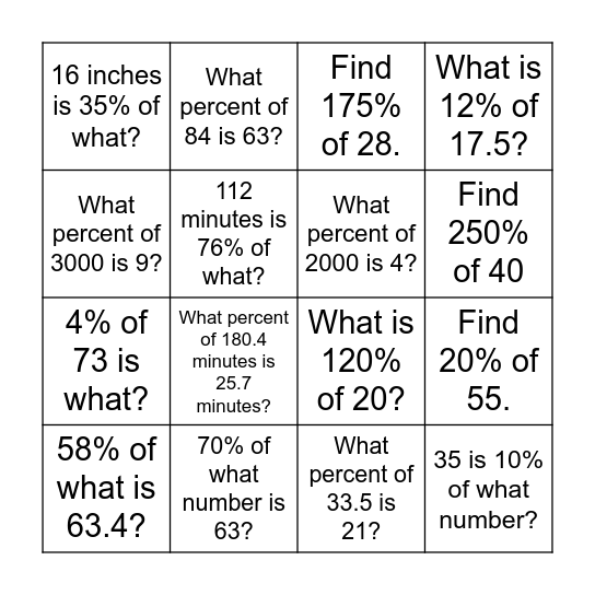 Percent Equation Bingo Card