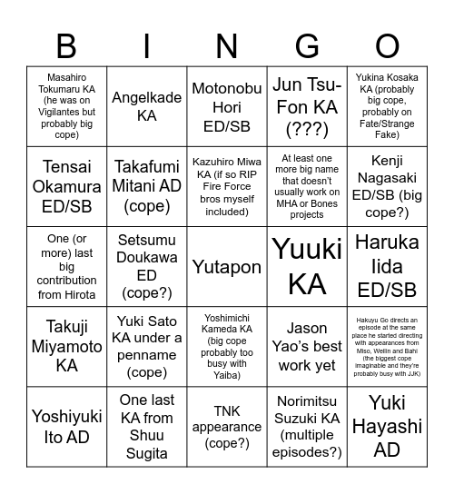 MHA Sakuga Bingo Card