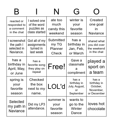 Homeroom Bingo Card