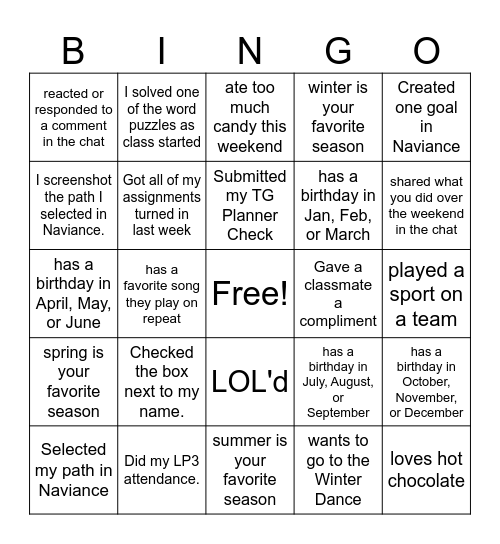 Homeroom Bingo Card