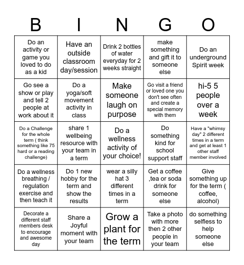 PPS T1 Wellness Bingo Card