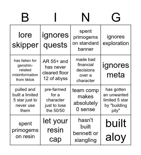 Genshin "Sins" Bingo Card
