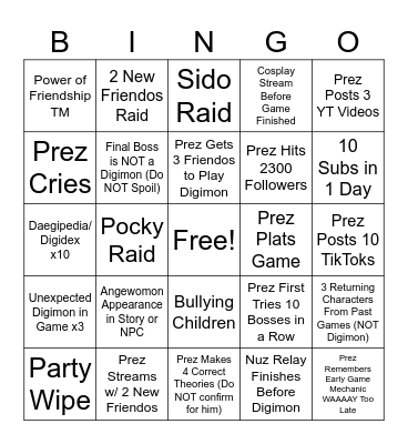 Digimon Time Stranger Bingo Card