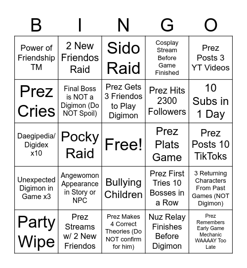 Digimon Time Stranger Bingo Card