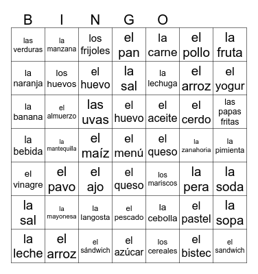 Comidas Frutas Verduras Bebidas Bingo Card