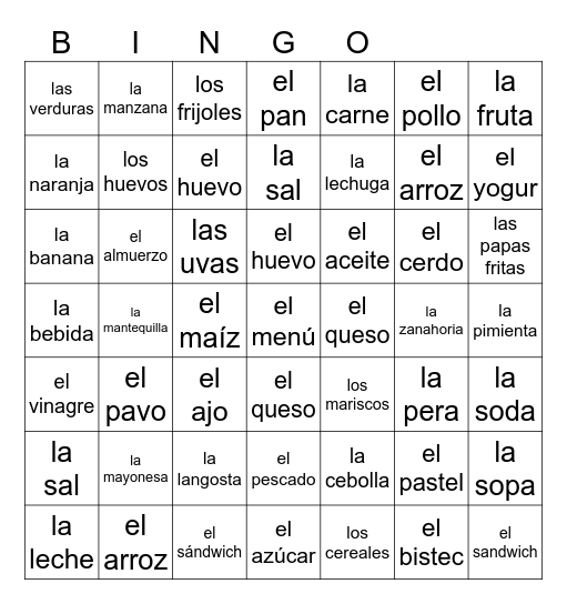 Comidas Frutas Verduras Bebidas Bingo Card