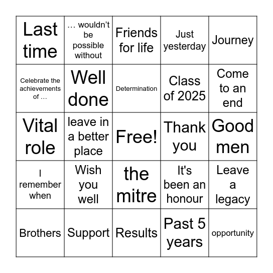 Matric Prizegiving 2025 Bingo Card