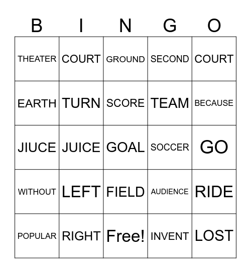 Sentence BINGO Card