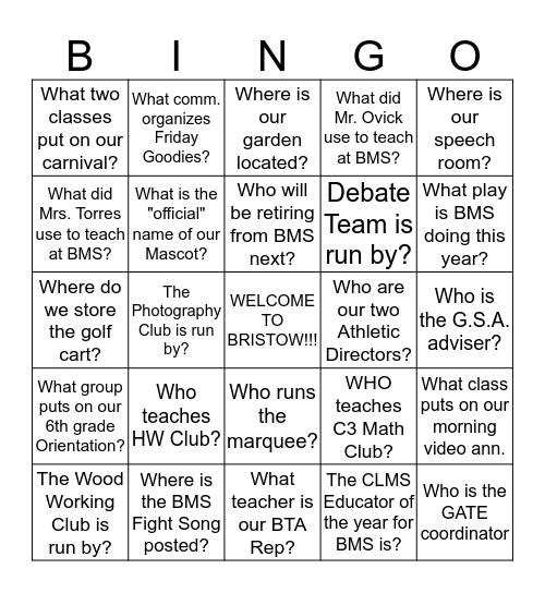 Bristow BLACK OUT Bingo!! Bingo Card