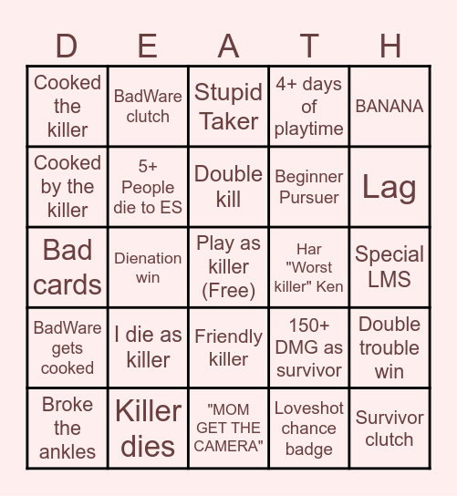 Die of Death bingo Card