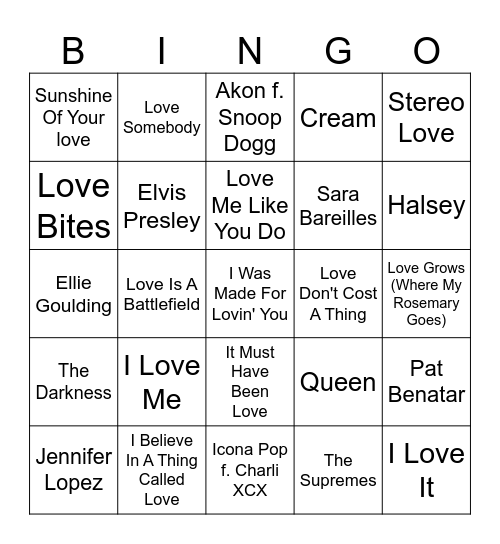 Love Songs (Part 2) Bingo Card