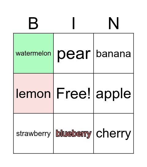 Fruits Bingo Card