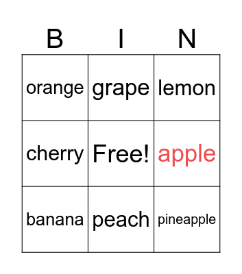 Fruits Bingo Card