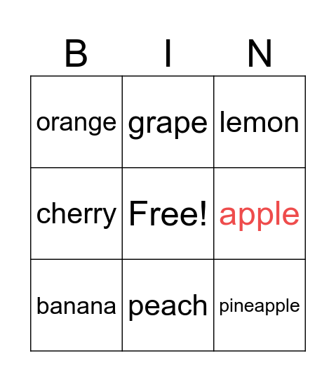 Fruits Bingo Card
