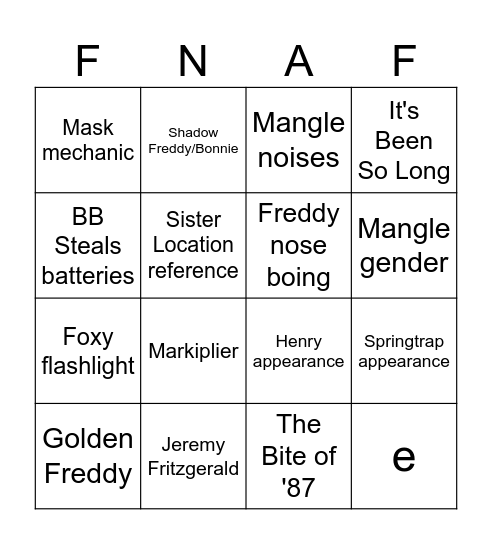 Five Nights at Freddy's 2 Bingo Card