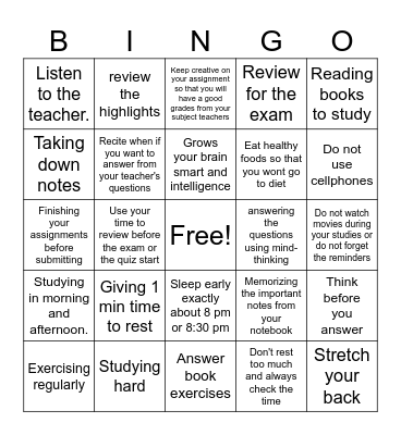 My Good habits Bingo Card