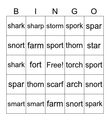 -ar and -or Bingo Card