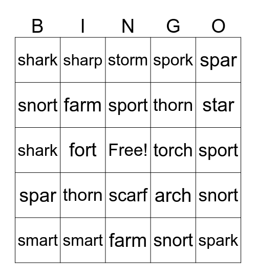 -ar and -or Bingo Card
