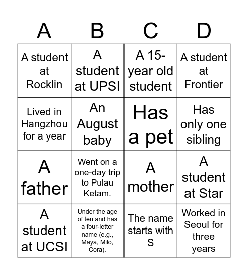 Bingo: Find Someone Who Matches! Bingo Card