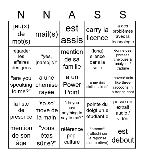 Nass-o Bingo Card