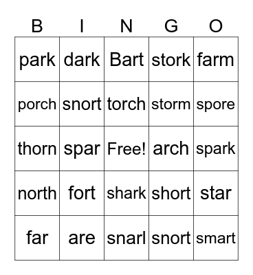 -ar and -or Words Bingo Card