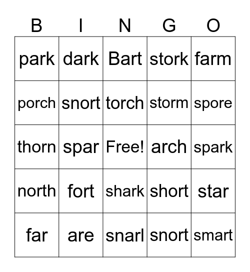 -ar and -or Words Bingo Card