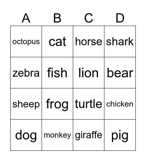Animals Bingo Card