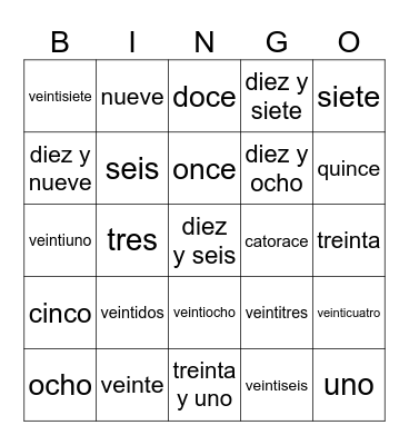 Numeros 1 - 31 Bingo Card