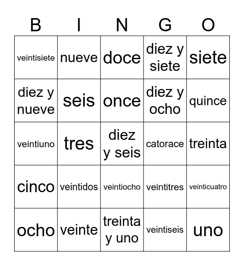 Numeros 1 - 31 Bingo Card