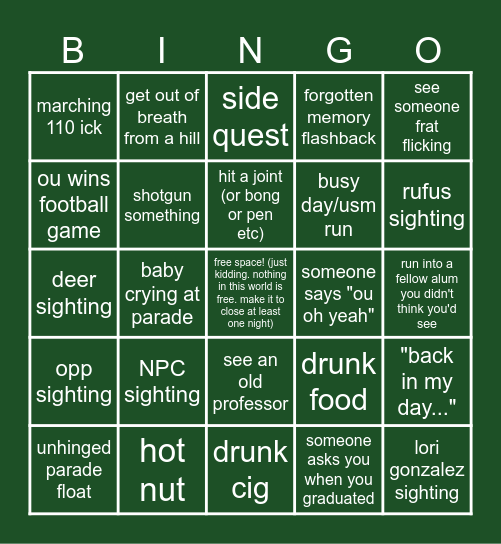 houmecoming bingo Card