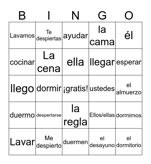 Spanish 1B Unit 2 Bingo Card