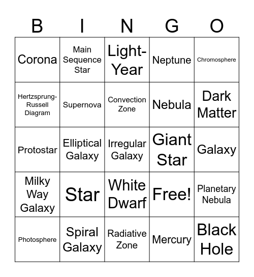 Unit 5: Stars and Galaxies Bingo Card