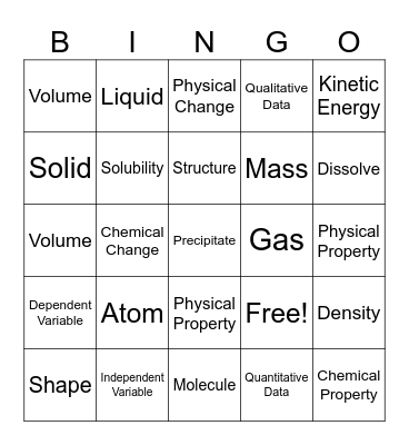 Unit 6: Properties and Changes in Matter Bingo Card
