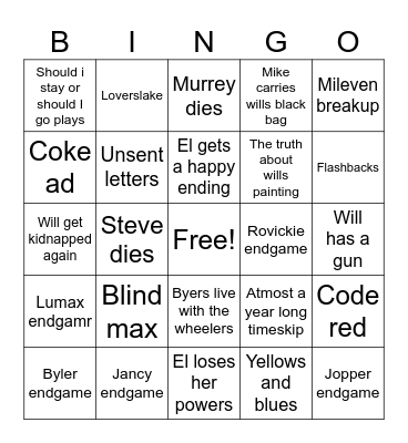 Stranger things Bingo Card