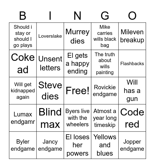 Stranger things Bingo Card