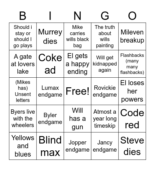 Stranger things Bingo Card
